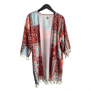Tees2UrDoor Kimono One Size Tassels Coral Teal Cranberry
